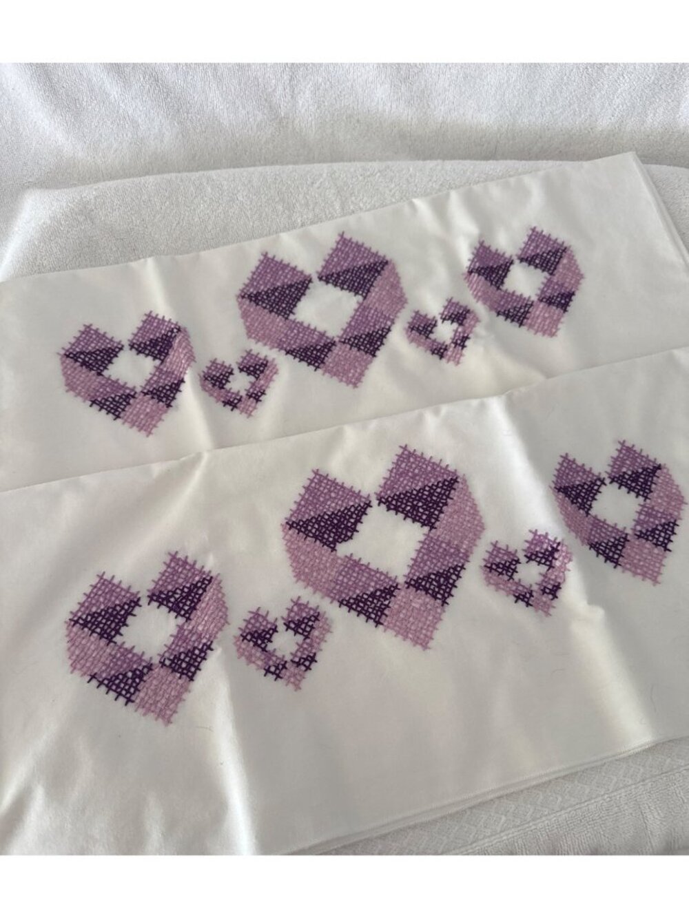 Handmade Cross-Stitched Purple & Lavender Heart Pattern 2 Full Size Pillowcases